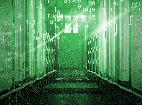 binary code particles and neon glowing cyber wave. in modern server room Big data structure. Internet or cyberspace technology concept. Green tone